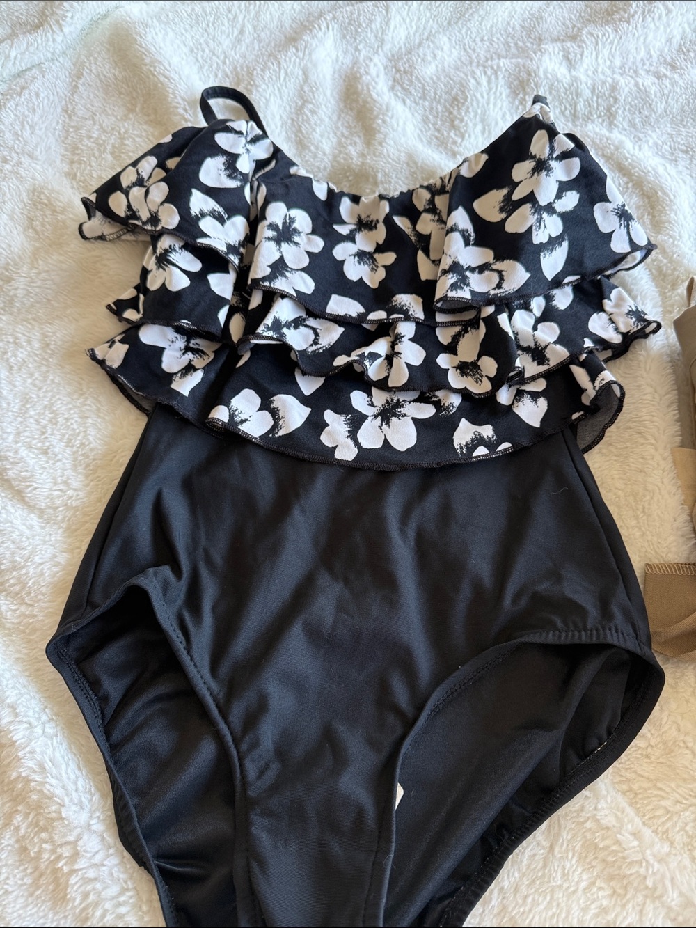 Womans Black Floral Ruffle One-Piece Swimsuit